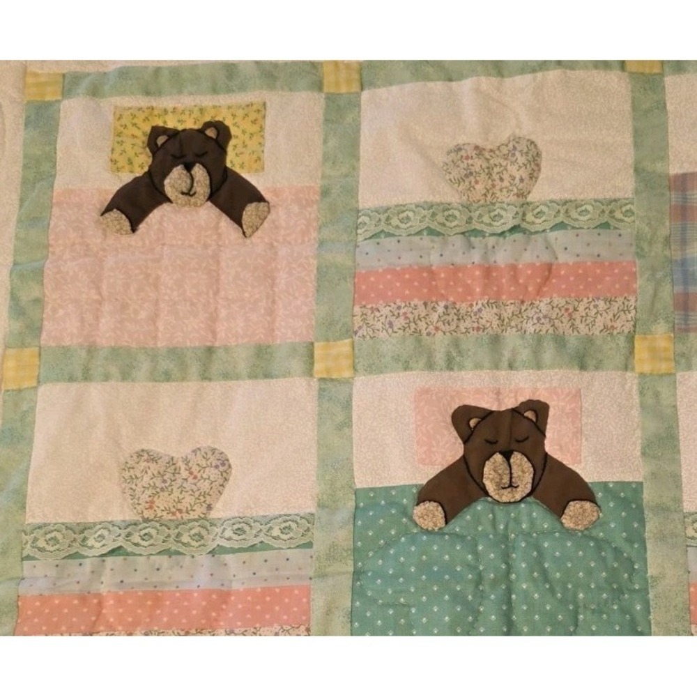 Handmade Teddy Bear Crib Quilt‎ Nursery Baby Blanket Applique Patchwork 32x32